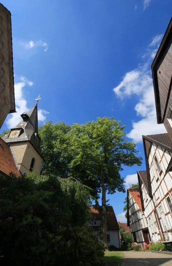 Dorfkern Bockhorst Fachwerkhäuser und ein Kirchturm ragen unter einem blauen Himmel mit weißen Wolken und grünen Bäumen hervor.