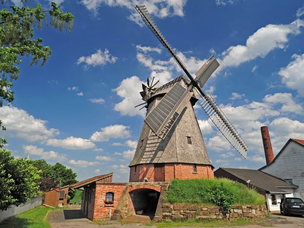 Büschingsmühle Historische Windmühle aus Backstein und Holz in ländlicher Umgebung mit malerischem Himmel im Hintergrund.