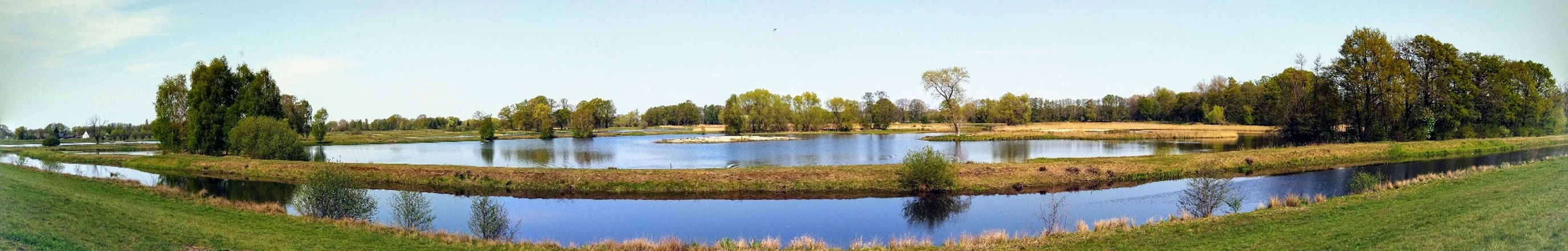 Steinhorster Becken Weitläufige Wasserlandschaft mit Seen, umgeben von Wiesen und Bäumen unter strahlend blauem Himmel.
