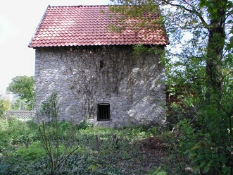 Steinerne Bauernburg mit rotem Ziegeldach, umgeben von wilder Vegetation und herabhängendem Efeu.
