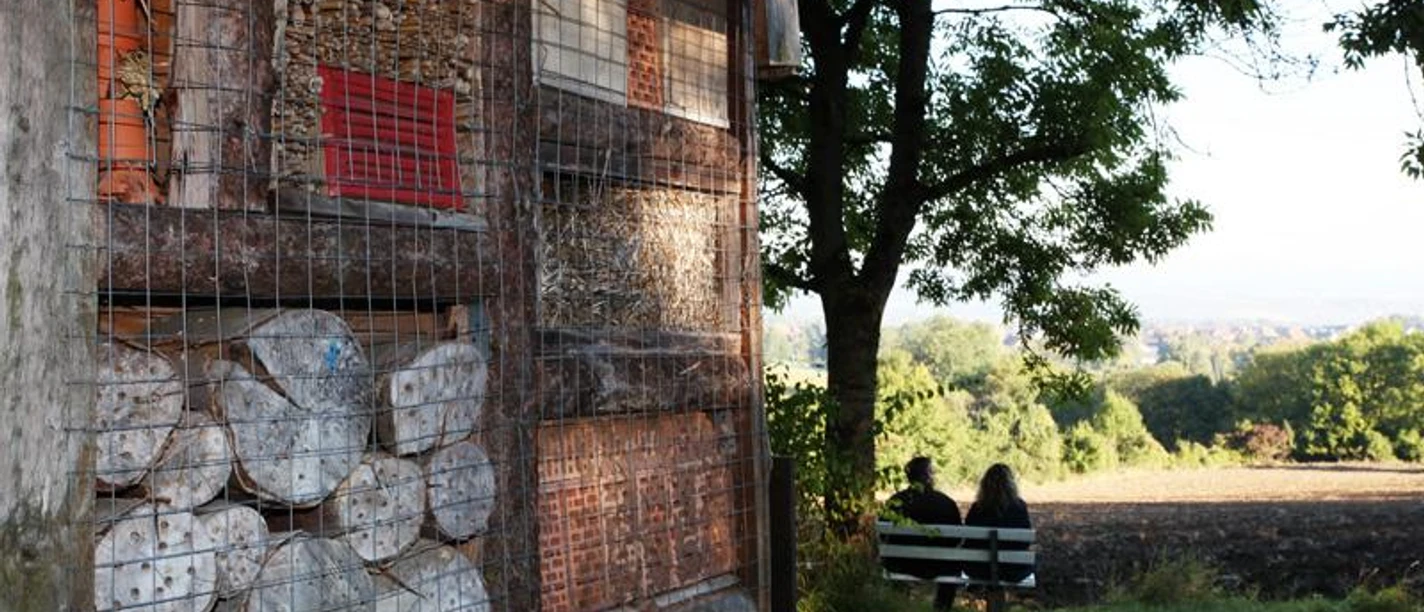 Insektenhotel In der Nähe eines ländlichen Weges steht ein Insektenhotel, dahinter sitzen zwei Personen auf einer Bank.