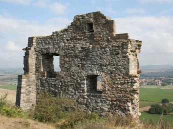 Mittelalterliche Burgruine Desenberg auf malerischem Hügel mit Blick auf die weitläufige Landschaft.