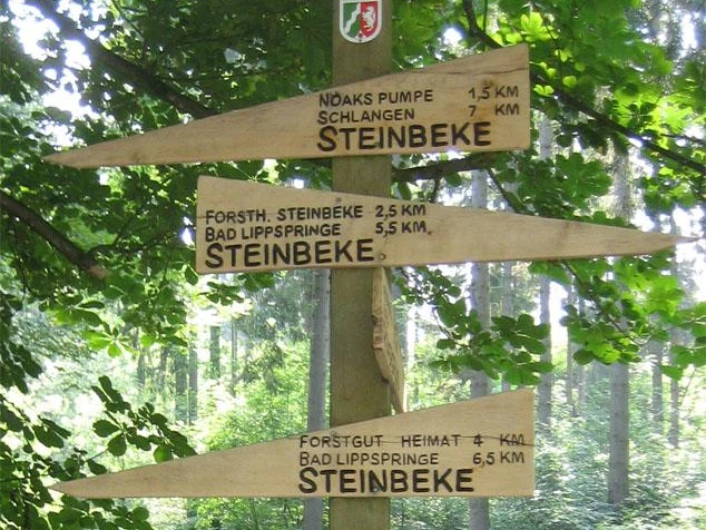 Römerbrunnen (Steinbeke) Lippspringer Wald Wegweiser aus Holz im Wald mit Richtungen nach Steinbeke und zur Römerbrunnen-Route.