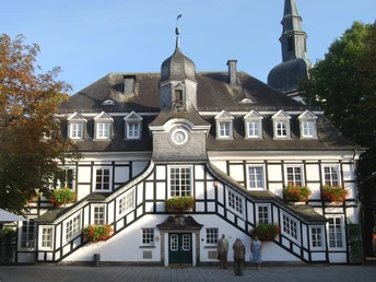 Historisches Rathaus Fachwerkhaus mit markanten Treppen und Uhr im Zentrum, flankiert von Bäumen und einer Kirchturmspitze.