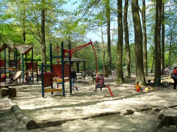 Spielplatz mit Holzspielgeräten, Schaukeln und sandigem Boden, umgeben von hohen Bäumen.