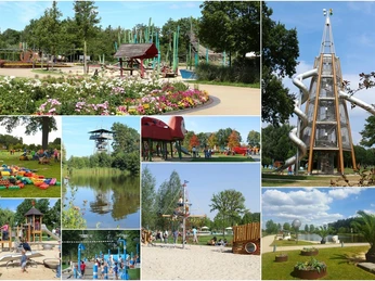 Collage Gartenschaupark Collage aus Bildern eines weitläufigen Freizeitparks mit Rutschen, Spielplätzen und idyllischen Seen.