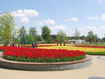 Gartenschaupark Rietberg Eingangsbereich Mitte/Historischer Stadtkern Ein weitläufiger Garten mit bunten Tulpenbeeten unter einem klaren, blauen Himmel im Frühling.