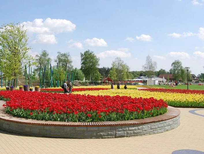 Gartenschaupark Rietberg Eingangsbereich Mitte/Historischer Stadtkern Ein weitläufiger Garten mit bunten Tulpenbeeten unter einem klaren, blauen Himmel im Frühling.