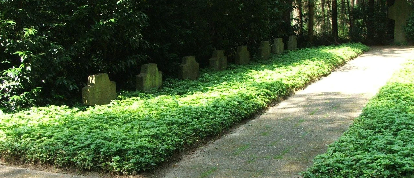 Soldatenfriedhof mit Reihen von Grabsteinen, umgeben von dichtem Grün in einer ruhigen Waldumgebung.