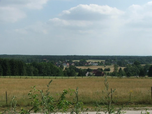Blick in die Senne Landschaftsansicht mit Wiesen im Vordergrund, einem Dorf mittig und bewaldeten Hügeln im Hintergrund.
