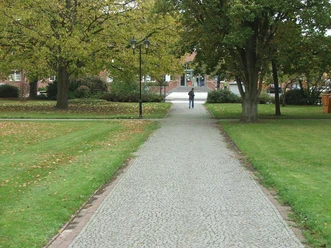 Ein gepflasterter Weg führt durch einen grünen Park mit Bäumen, im Hintergrund ein Gebäude.
