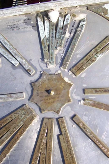 Metallischer Richtungsweiser auf dem Luisenturm, zeigt verschiedene Ziele und Entfernungen in der Umgebung.