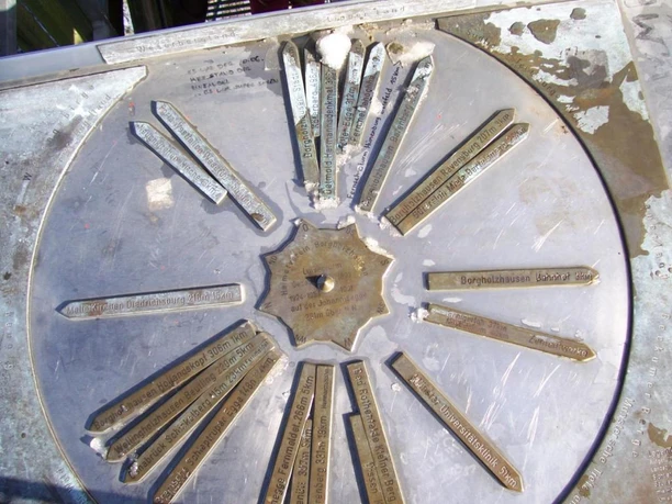 Richtungsweiser oben im Luisenturm bei Borgholzhausen Metallischer Richtungsweiser auf dem Luisenturm, zeigt verschiedene Ziele und Entfernungen in der Umgebung.