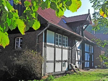 Fachwerkgebäude der Ellerburger Mühle mit roten Dachziegeln, umgeben von grünem Laub und Wiesen.