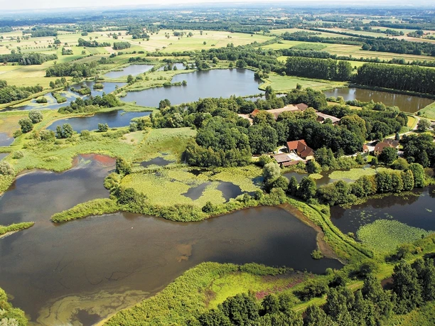 Luftaufnahme einer malerischen Landschaft mit mehreren Seen, umgeben von Wäldern und Feldern.