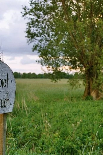 Versmolder Naturschutzgebiet Holzschild "Naturschutzgebiet Versmolder Bruch" vor einer weitläufigen Wiesenlandschaft mit Baum.