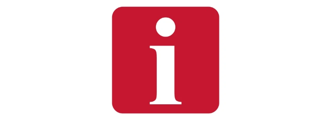 Weißes Informationssymbol auf rotem Hintergrund, repräsentiert einen Informationsschalter in öffentlichen Orten.