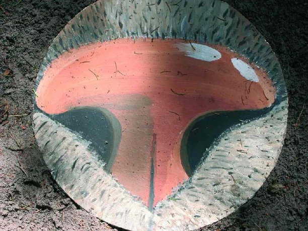 Der große Lebens-Kreis-Lauf Kunstinstallation im Wald zeigt einen farbenfrohen, kreisförmigen Erdton mit natürlichen Texturen.