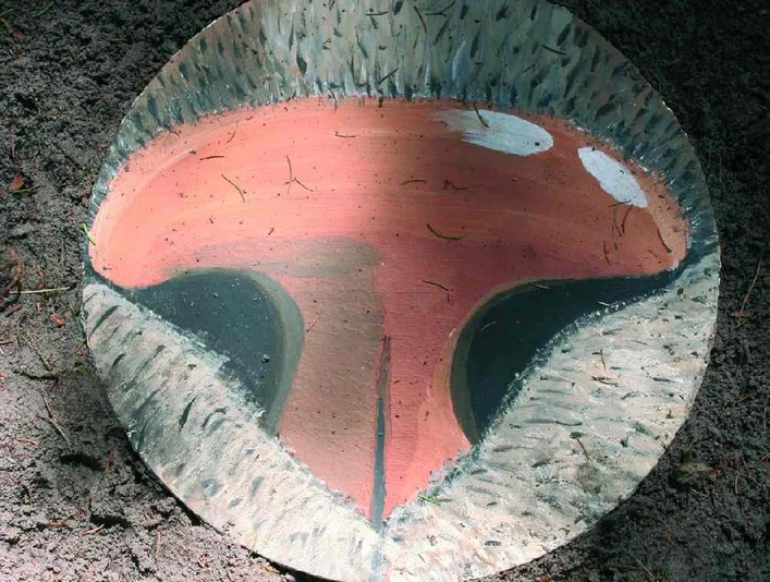 Der große Lebens-Kreis-Lauf Kunstinstallation im Wald zeigt einen farbenfrohen, kreisförmigen Erdton mit natürlichen Texturen.