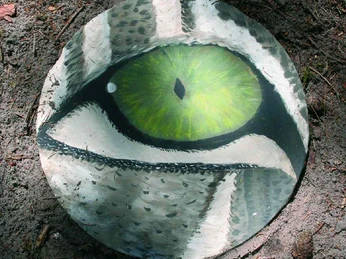 Der große Lebens-Kreis-Lauf Grünes Auge auf bemalter Holzscheibe, liegt auf erdigem Waldboden; kunstvoll und naturverbunden.