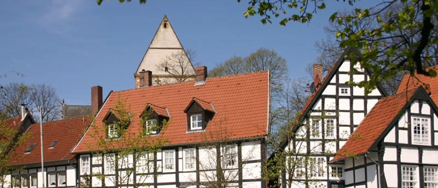 Fachwerkhäuser in einer malerischen Altstadt mit blauem Himmel und grünen Bäumen im Frühling.