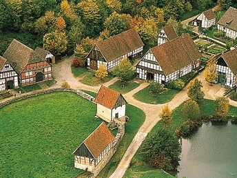 Luftansicht Luftaufnahme eines historischen Dorfes mit traditionellen Fachwerkhäusern, umgeben von Grünflächen.