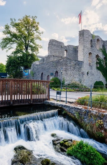 Burgruine auf einer Anhöhe, flankiert von Bäumen. Im Vordergrund ein kleiner Wasserfall und eine Holzbrücke.