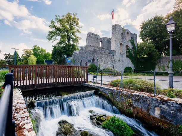 Lippequelle mit Burgruine Burgruine auf einer Anhöhe, flankiert von Bäumen. Im Vordergrund ein kleiner Wasserfall und eine Holzbrücke.