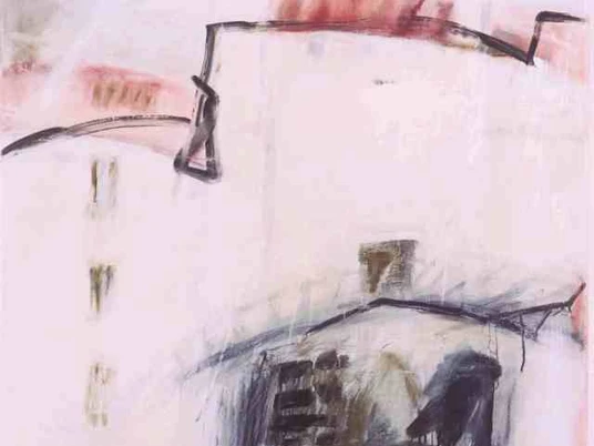 Abstrakte Darstellung eines Gebäudes mit hellen Farbtönen und markanten dunklen Linien.