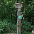 Noaks Pumpe Lippspringer Wald Holzpumpe im Lippspringer Wald zwischen Bäumen, gekennzeichnet als Noaks Pumpe, mit Hinweisschild.