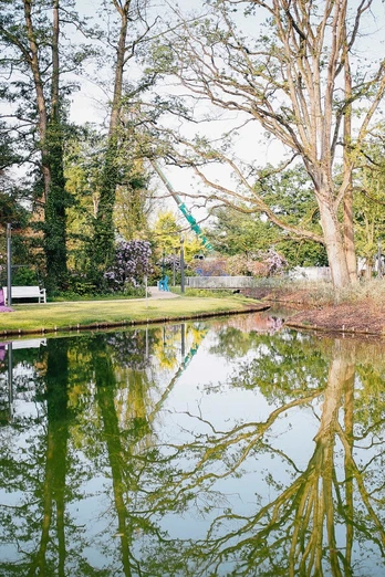 Kurparksee in Bad Salzuflen mit klarer Wasseroberfläche, die üppige Bäume und Sitzgelegenheiten spiegelt.