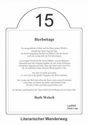 Lesestation 15 Literatur-Tafel mit Text vom Herbst, Teil eines literarischen Wanderwegs, verfasst von Ruth Welsch.