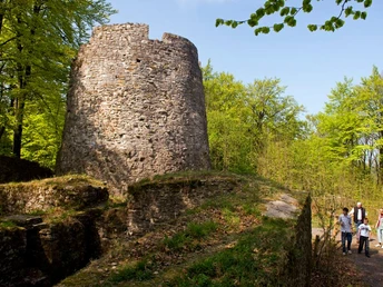 Ein mittelalterlicher Burgturm im Wald mit Besuchern erkunden historische Mauern unter blauem Himmel.