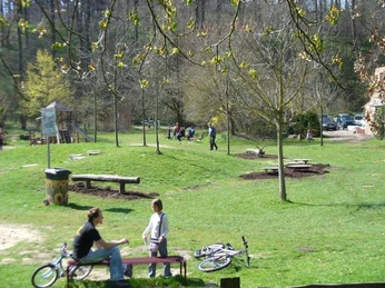Spielplatz im Haxtergrund Grüner Spielplatz im Haxtergrund mit Holzklettergerüst, Bänken und Wiesen, umgeben von Bäumen.
