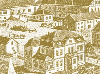 um 1900 in Bad Driburg Historische Darstellung von Gebäuden in Bad Driburg um 1900 mit Häusern und einem Brunnen im Vordergrund.