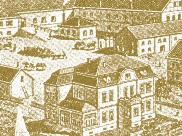 um 1900 in Bad Driburg Historische Darstellung von Gebäuden in Bad Driburg um 1900 mit Häusern und einem Brunnen im Vordergrund.