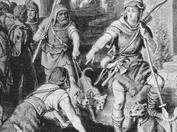 Eine historische Darstellung zeigt Jäger in traditioneller Kleidung mit Hunden bei einem erlegten Wildschwein.