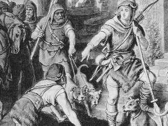 Illustrationen aus dem Prachtband (Karl Rickelt) Eine historische Darstellung zeigt Jäger in traditioneller Kleidung mit Hunden bei einem erlegten Wildschwein.