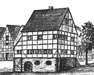 Historische Zeichnung eines Fachwerkhauses in Oberösterreich aus dem frühen 19. Jahrhundert.