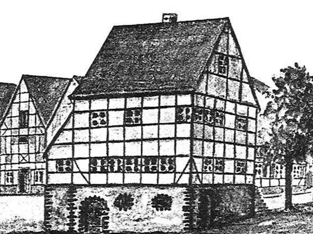 Historische Zeichnung eines Fachwerkhauses in Oberösterreich aus dem frühen 19. Jahrhundert.