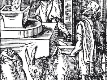 Ein Holzschnitt zeigt eine Szene in einer Mühle: Ein Müller mit Esel und einem Arbeiter am Mahlwerk.