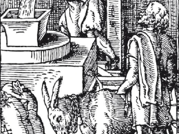 Der Müller Ein Holzschnitt zeigt eine Szene in einer Mühle: Ein Müller mit Esel und einem Arbeiter am Mahlwerk.