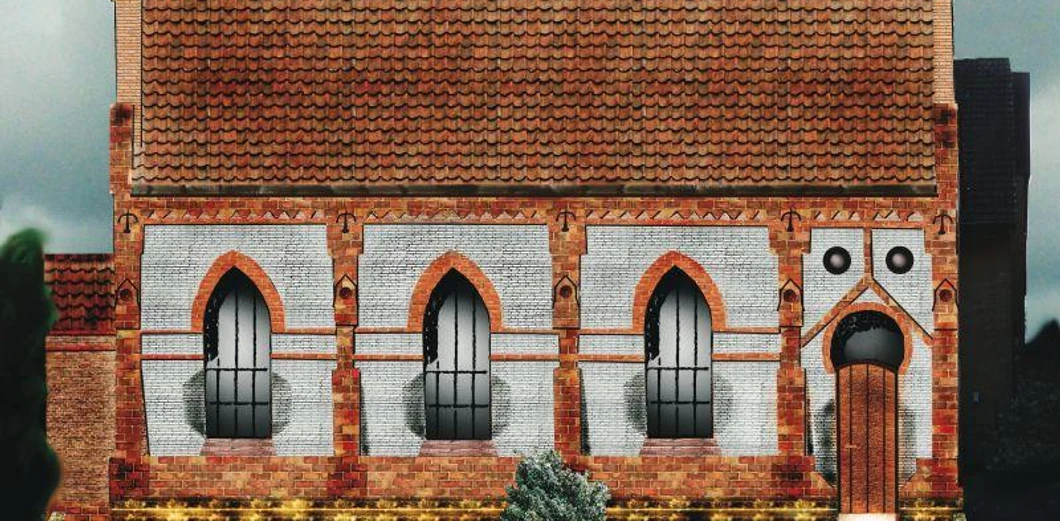 Historische Synagoge aus Backstein, mit gotischen Bögen und großen Fenstern, vor 1938.