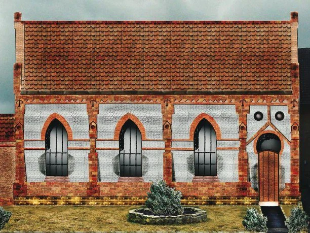 Synagoge, vor 1938 Historische Synagoge aus Backstein, mit gotischen Bögen und großen Fenstern, vor 1938.