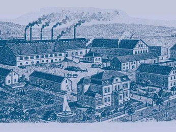 Historischer Druck einer Glashütte mit rauchenden Schornsteinen, umgeben von Arbeits- und Wohngebäuden.