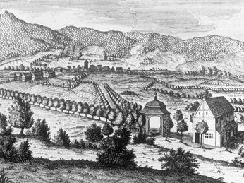 Historische Zeichnung eines Landsitzes mit einem Brunnenhaus und angrenzendem Wohngebäude.