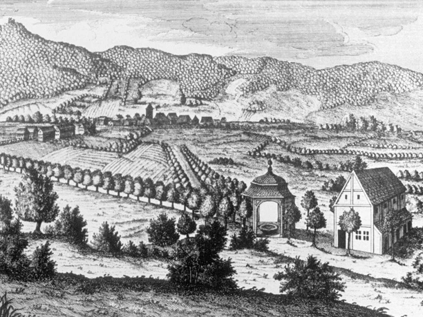 Historische Zeichnung eines Landsitzes mit einem Brunnenhaus und angrenzendem Wohngebäude.