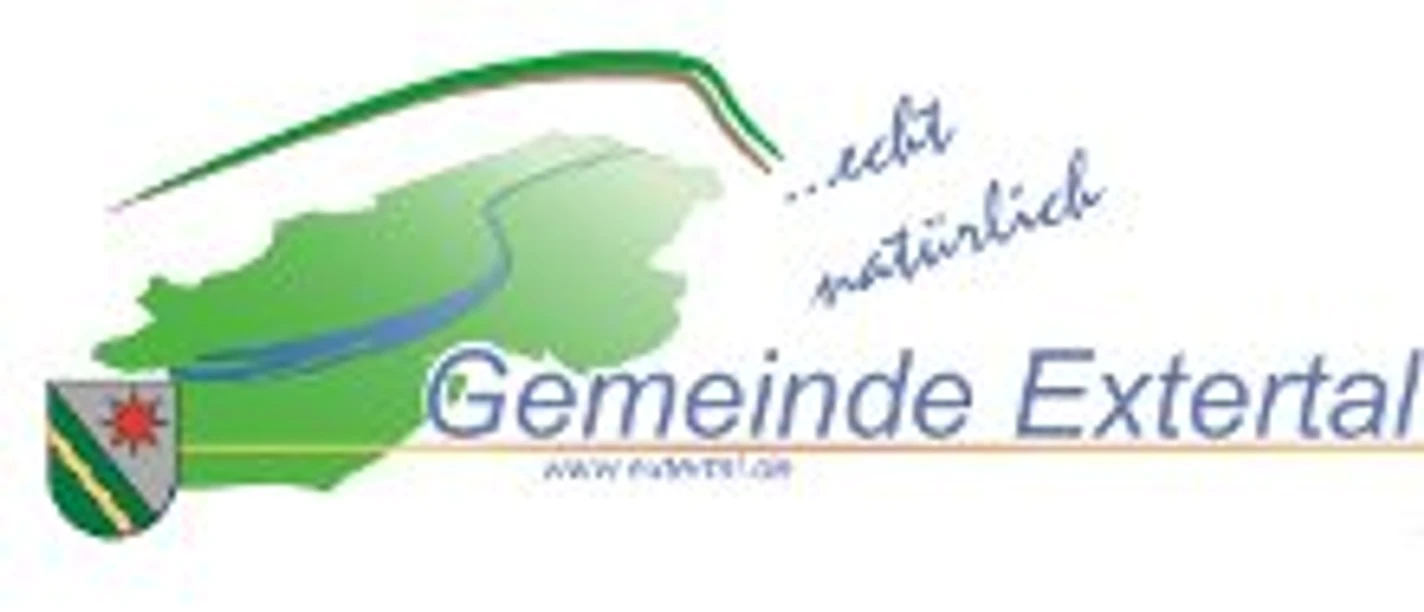 Logo der Gemeinde Extertal mit grünem Umriss, blauem Flusslauf und dem Schriftzug „echt natürlich“.