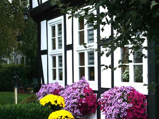 Stiftskurie von Korff, 1725 Fachwerkhaus mit blühenden Fensterkästen voller bunter Blumen und gepflastertem Weg im Vordergrund.