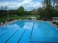 Freibad Schlangen Beckenansicht Ein großes, von Bäumen umgebene Schwimmbecken mit klarblauem Wasser und Startblöcken am Rand.